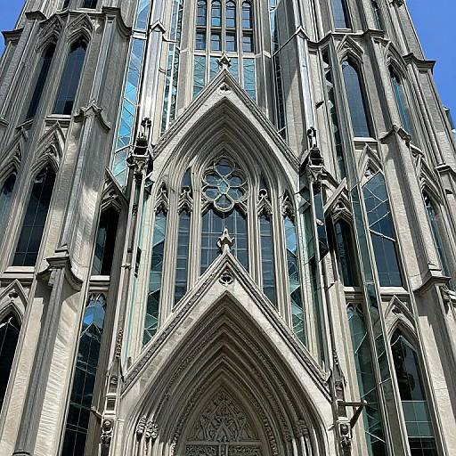 Photograph of a towering Gothic cathedral with intricate stone carvings, pointed arches, and large, reflective stained glass windows under a clear blue sky