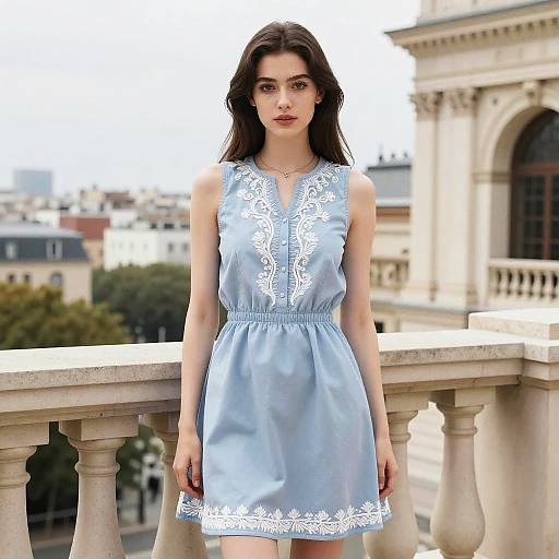 Elegant Woman on Museum Balcony