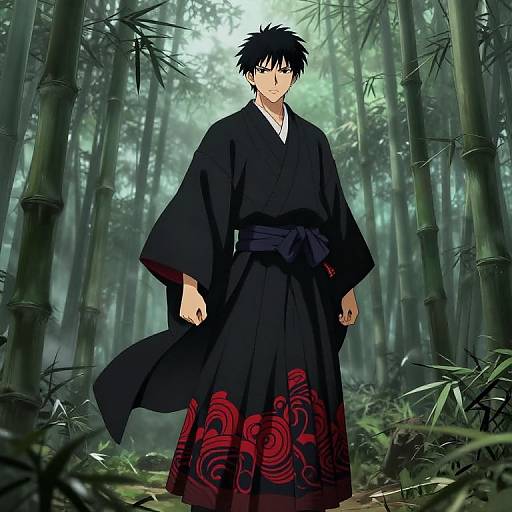 Anime-style illustration of a young man with spiky black hair, wearing a black kimono with red swirl patterns, standing in a misty bamboo forest