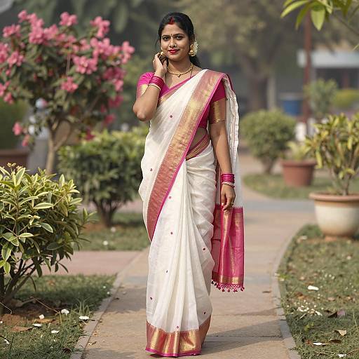 Indian Woman in Traditional White and Pink Sari in Garden