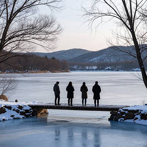 Photograph of four silhouetted people standing on a snow-covered, icy bridge, facing a frozen lake with bare trees and mountains in the background