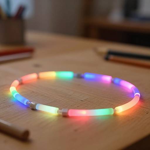 Photograph of a colorful LED string light forming a circle on a wooden desk, with blurred background objects and a pencil in the foreground.