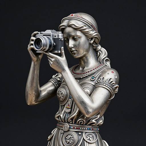 Photorealistic digital artwork of a silver-toned, ancient Greek-style statue of a woman holding a camera, adorned with intricate jewelry and headband,