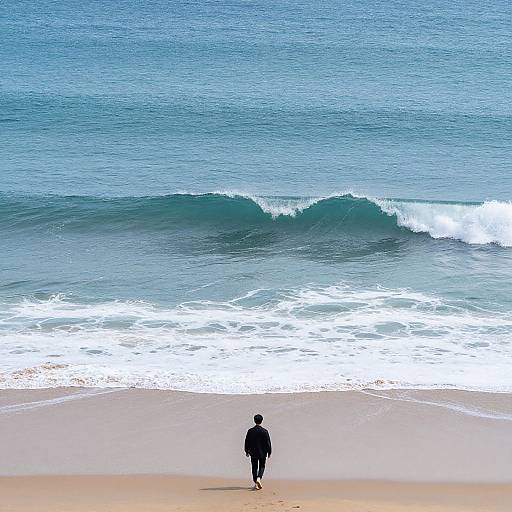 Photograph of a solitary figure in a black outfit walking on a sandy beach, facing a large, blue ocean wave.