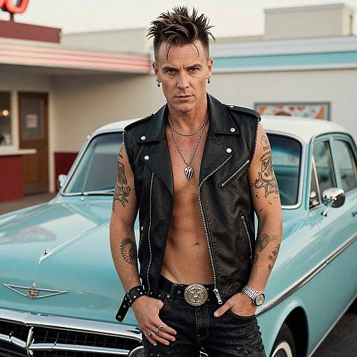 Photograph of a shirtless, tattooed, muscular man with spiked hair, wearing a black leather vest, jeans, and silver chains, standing in