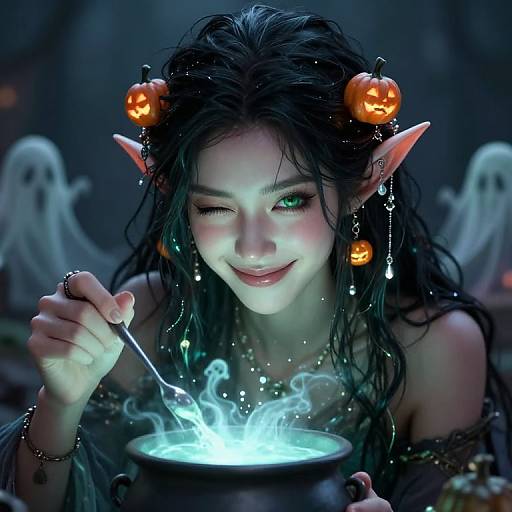 Digital artwork of a winking, fair-skinned, black-haired elf woman with glowing green eyes, wearing orange jack-o'-lantern hair ornaments,