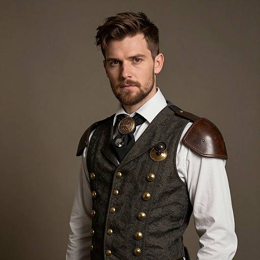 Photograph of a handsome, bearded man with short brown hair, wearing a black vest with gold buttons, white shirt, and brown leather shoulder pads