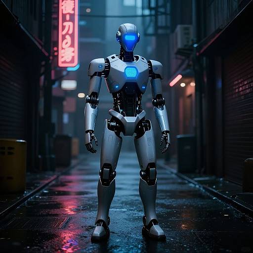 Cyberpunk-style CGI image of a glowing blue-eyed, white robotic humanoid standing in a neon-lit, rain-soaked alleyway at night.