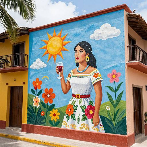 Vibrant mural of a Latina woman in a floral dress holding a glass, with sun, flowers, and clouds on a yellow building.