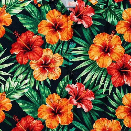 Vibrant digital illustration of orange and red hibiscus flowers with green leaves on a dark blue background, creating a tropical pattern.