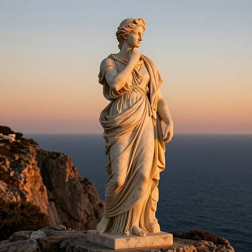 Photograph of a classical white marble statue of a robed woman with flowing hair, standing on a rocky cliff at sunset, overlooking a serene ocean.