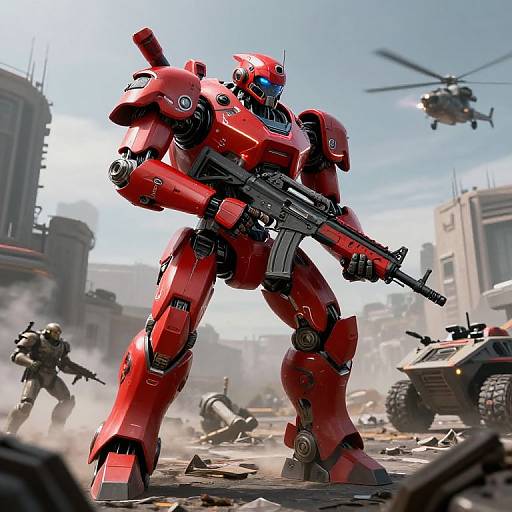 CGI image of a red, humanoid robot with a rifle, standing amid a chaotic urban battlefield with soldiers and a helicopter.