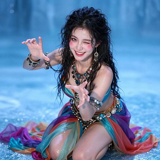 Photograph of a smiling young Asian woman with wet, black hair, wearing colorful, sheer harem pants and jeweled accessories, kneeling on a spark