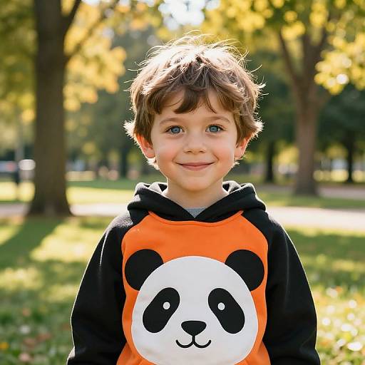 Joyful Boy in Panda Hoodie Outdoors