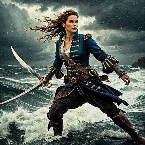 Valiant Female Pirate Captain in Stormy Seas