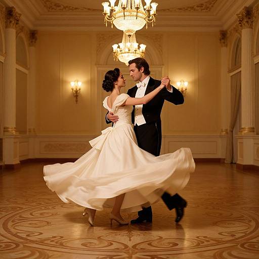 Photograph of a dancing couple in a luxurious ballroom; the bride in a flowing white gown, the groom in a black tuxedo, under