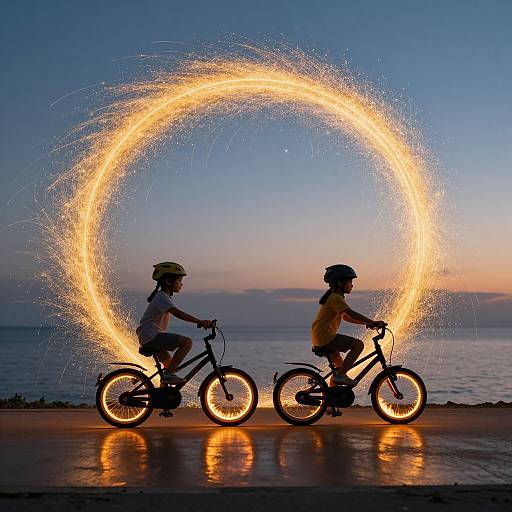 Children Cycling Beneath Golden Stardust