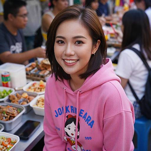 Photograph of a smiling Asian woman with shoulder-length black hair, wearing a pink hoodie with 