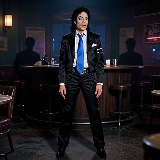 Photorealistic digital artwork of a pale-skinned man with dark hair, wearing a black suit, white shirt, and blue tie, standing in a