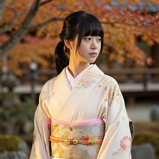 Photograph of a young Japanese woman with black hair in a ponytail, wearing a white floral kimono with pink obi, standing outdoors in autumn