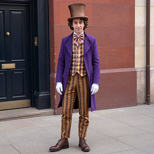 Photograph of a man in Victorian-era costume: brown top hat, purple coat, striped yellow and brown waistcoat, white gloves, standing on sidewalk