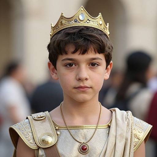 Photograph of a young boy with short brown hair, wearing a gold crown, silver and gold armor, and a red gemstone necklace, standing in