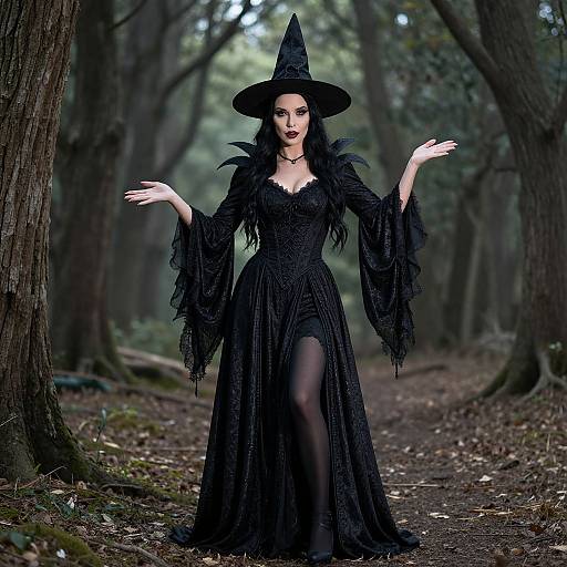 Photograph of a dark-haired witch in a black lace dress, pointed hat, and long sleeves, standing on a forest path, with arms raised and