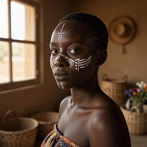 Photograph of a young African woman with dark skin, adorned with white facial paint patterns, standing in a sunlit, rustic room.