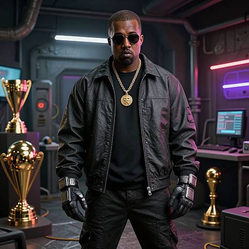 Photograph of a muscular black man in black leather jacket, sunglasses, and gloves, wearing a gold chain, standing in a neon-lit, futuristic