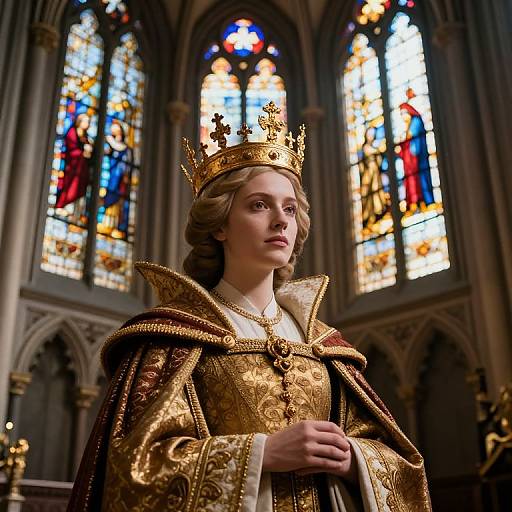 Photorealistic digital image of a young Caucasian woman with blonde hair, wearing a golden crown and ornate medieval royal robe, standing in a Gothic cathedral