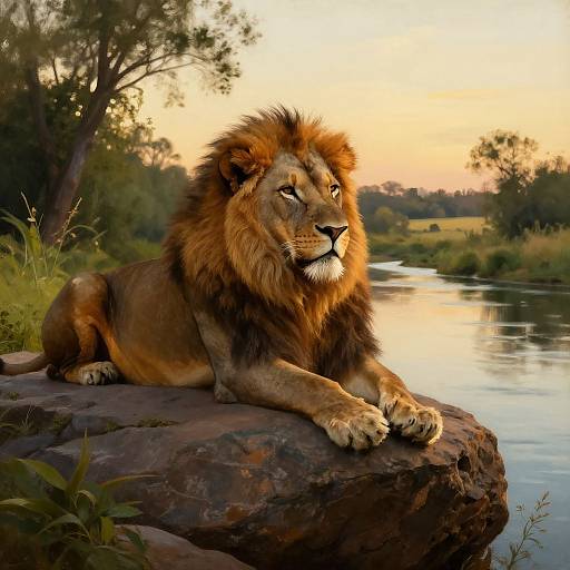 Photograph of a majestic male lion with a thick, dark brown mane, lying on a rock by a serene river at sunset, surrounded by lush green