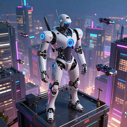 Futuristic Robotic Guardian on Neon City Rooftop
