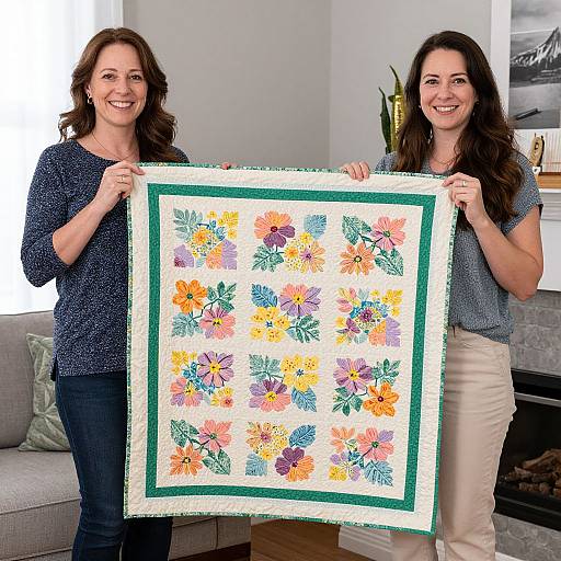 Photograph of two smiling women with brown hair, holding a colorful floral quilt with green border, in a bright living room.