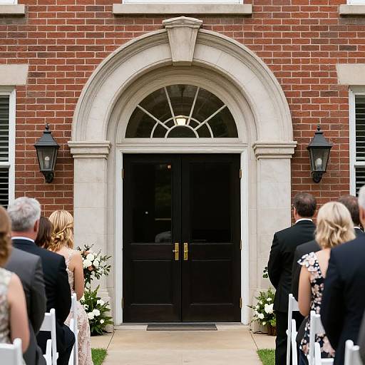 Photograph of a wedding ceremony outside a red brick building with black double doors, guests in formal attire, white chairs, and floral arrangements.