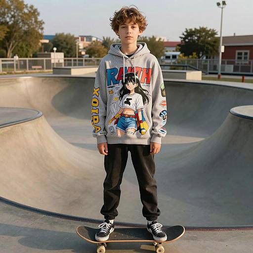 Young boy with curly brown hair, wearing a colorful 