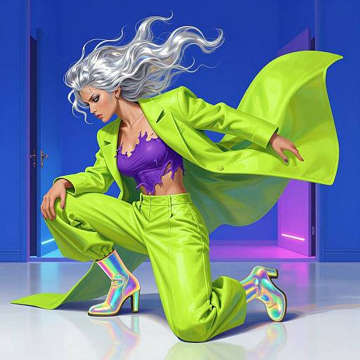 Surreal Squatting Model with Chrome Hair