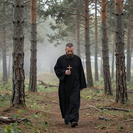 Orthodox Monk in Misty Ancient Forest