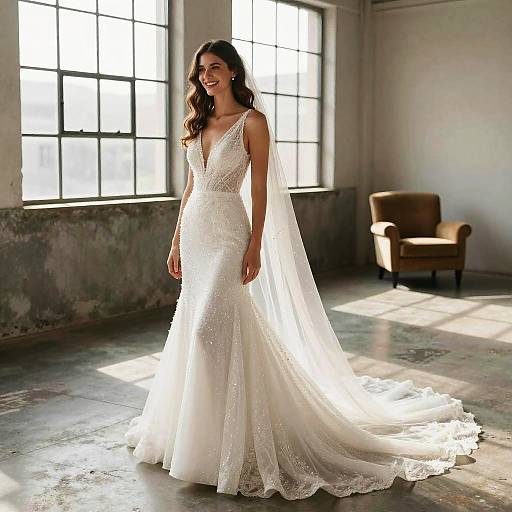 Smiling bride in elegant wedding dress with long veil