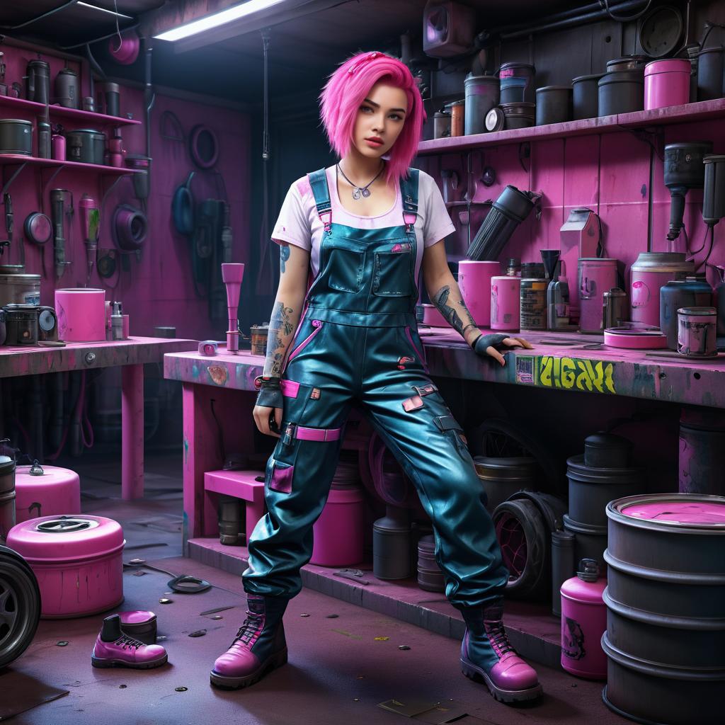 Cyberpunk Mechanic in a Cluttered Garage