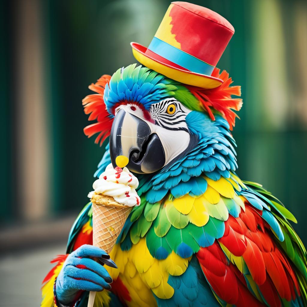 Whimsical Parrot Clown Enjoying Ice Cream