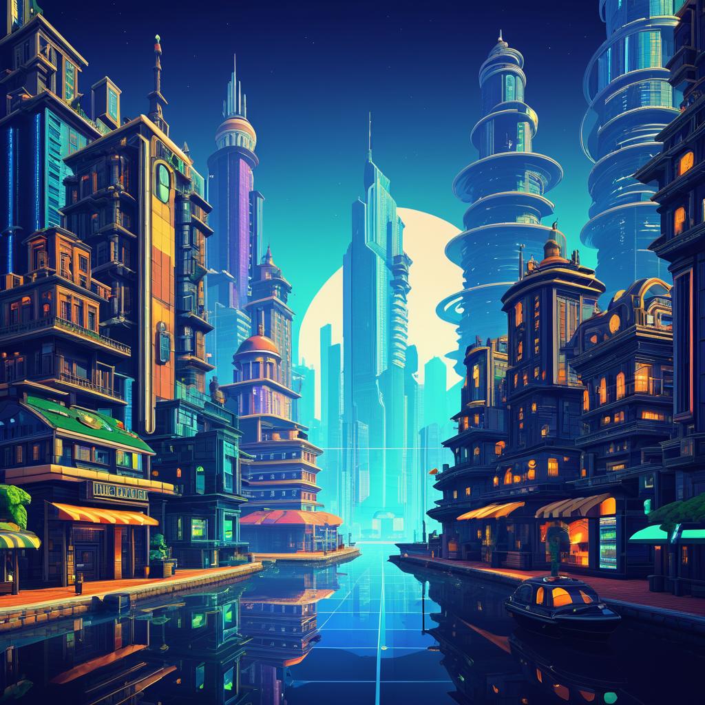 Retro-Futuristic 2D Port Town Art