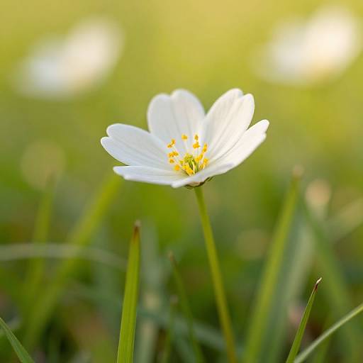 Photograph of a single white daisy with yellow center, standing tall in lush green grass, with a blurred, sunlit background.
