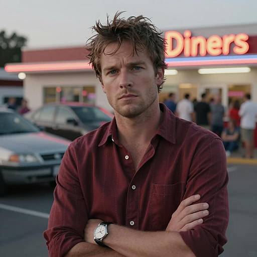 Man Standing Outside Neon-Lit Diner