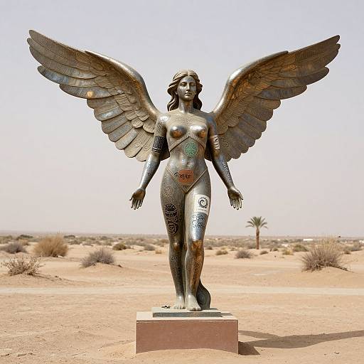 Photograph of a bronze angel statue with large wings, standing in a desert, adorned with intricate patterns and tattoos, against a clear blue sky.