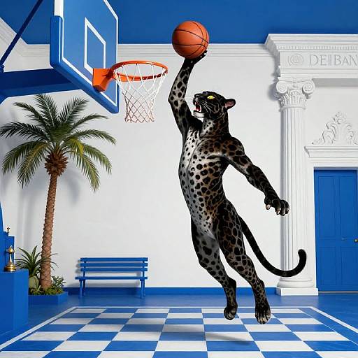 Digital illustration of a black leopard playing basketball in a brightly lit, blue-and-white gym with a palm tree and classical columns. The leopard leaps, shooting