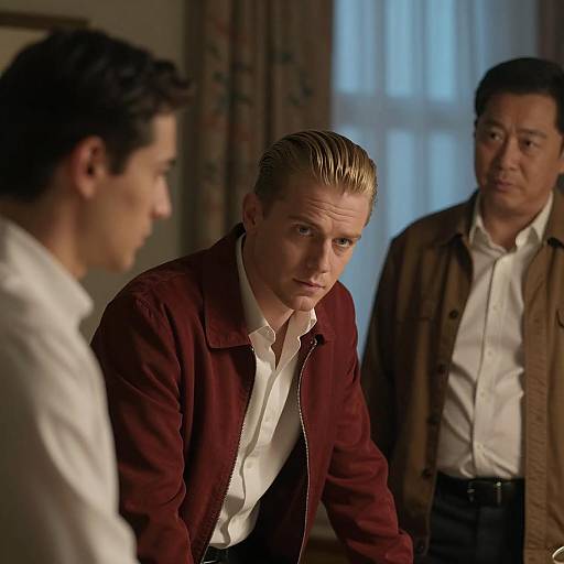 Three Men in Discussion in Dimly Lit Room
