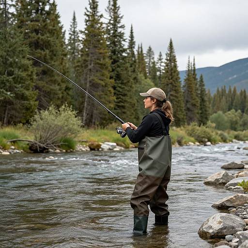 Photograph of a woman in a green vest and black long-sleeve shirt, wading in a forest stream, fly fishing with a rod,