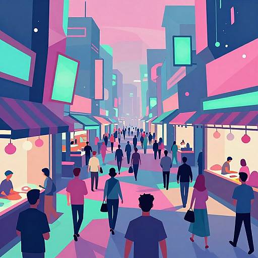 Vibrant digital illustration of a neon-lit, crowded urban market street with diverse people, colorful signage, and glowing shopfronts.