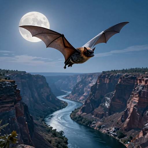 Photograph of a bat with outstretched wings flying above a river in a canyon, under a bright full moon in a clear blue sky.