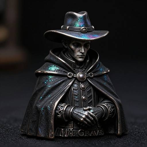 Photograph of a metallic, detailed statuette depicting a serious, armored figure in a glowing, iridescent cloak and hat, with 